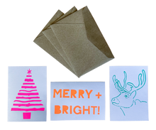 Load image into Gallery viewer, 3 Pack Christmas Cards Tree Merry and Bright Reindeer Screen Printed
