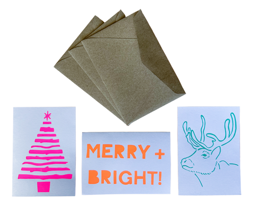 3 Pack Christmas Cards Tree Merry and Bright Reindeer Screen Printed
