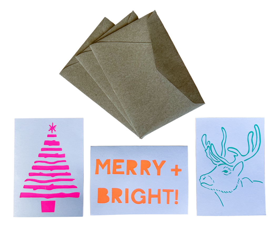 3 Pack Christmas Cards Tree Merry and Bright Reindeer Screen Printed